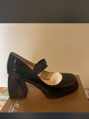 Black Patent Mary Jane Platform Heels with Block Heel